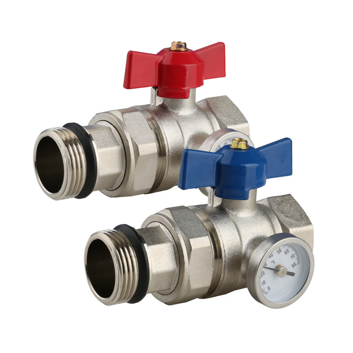 1" Ball Valve With Temp Gauge Set, Red & Blue (Pair)